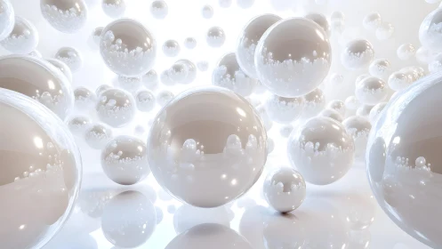 White translucent spheres with inner bubbles float in space
