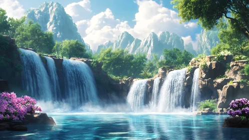 Multi-tiered alpine waterfalls in luminous digital landscape.