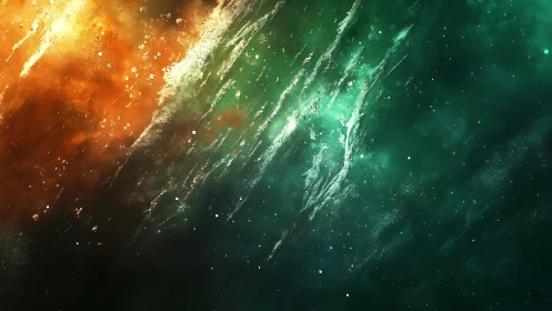 Nebular streaks dividing fiery orange and deep teal space.