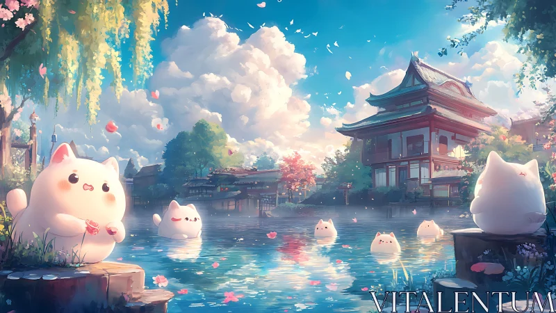 Pastel river kittens beneath tranquil temple skies.