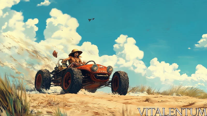 Sunlit dune racer laughs as sand and clouds chase behind