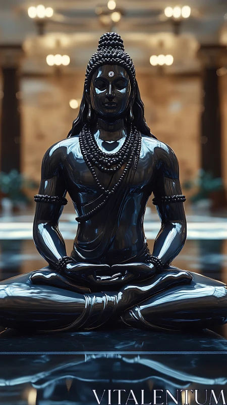 Glossy black Buddha statue resting in peaceful meditation.