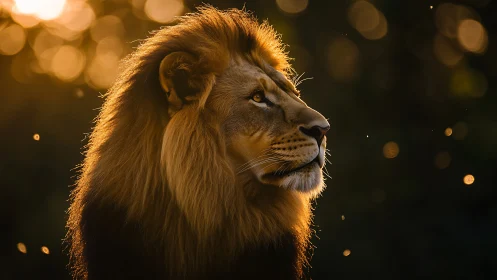 Majestic male lion in golden backlight studies distant horizon