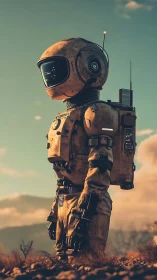 Retro explorer robot gazes across a sunlit desert world.