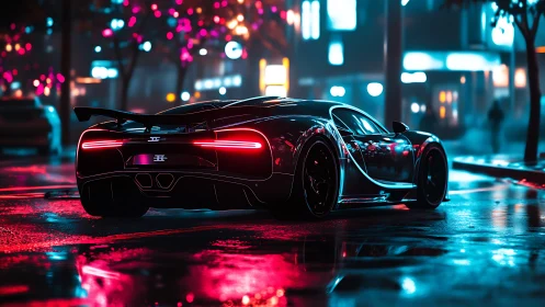 Sleek hypercar on neon lit wet city street at night.