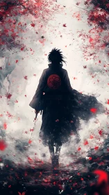 Solitary cloaked swordsman amid crimson autumn vortex mist