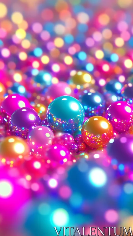 3D chromatic spheres with bokeh depth and luminous reflections.