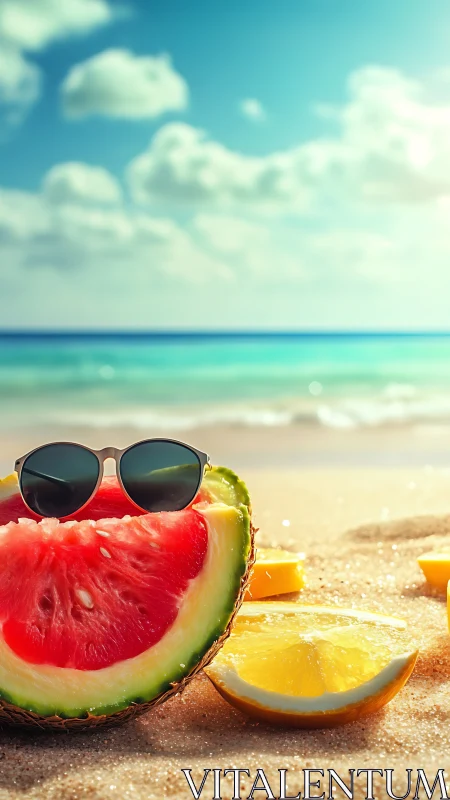Watermelon slice with sunglasses on sunny beach scene.