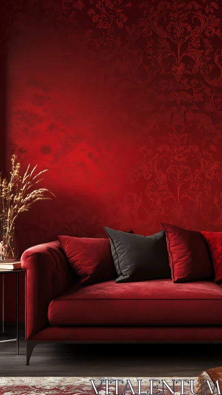 Red velvet sofa stands against patterned red damask wall