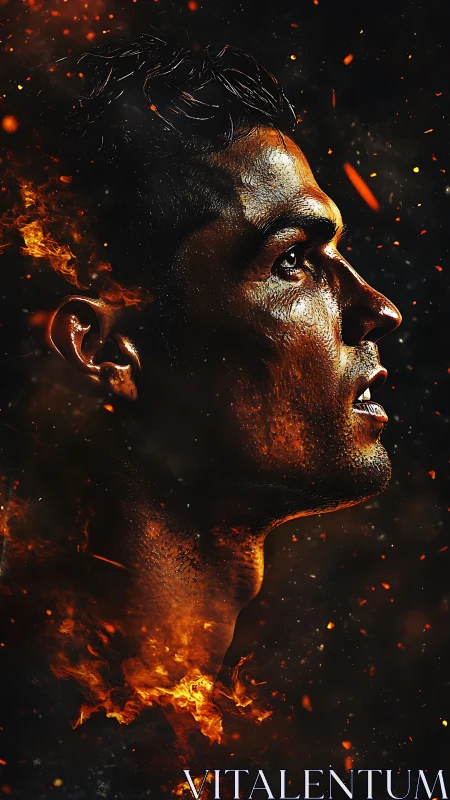 Incandescent male profile portrait engulfed in swirling fire glow