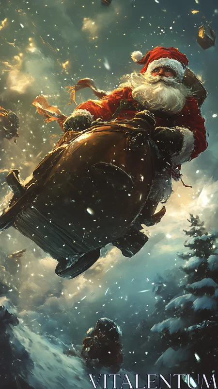 Dynamic winter Santa rocket ride through swirling blizzard.
