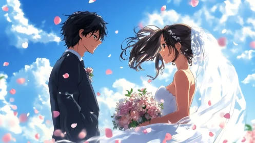 Anime bride and groom stand outdoors under blue sky.