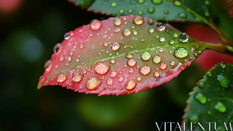 Macro study of red green leaf with crystal rain droplets.