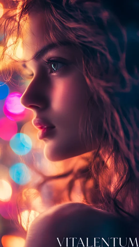 Soft neon glow surrounds a thoughtful young woman at night