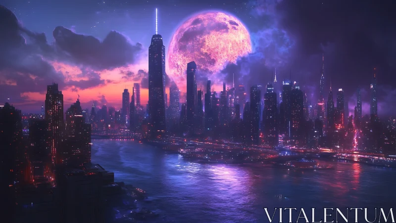 Cyberpunk megacity skyline under luminous planetary moonscape.