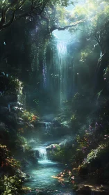 Cascading Waterfall Through Ancient Forest Canopy.