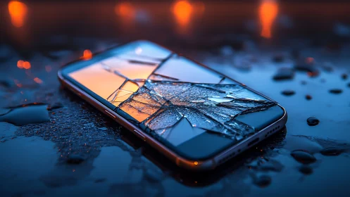 Photorealistic close-up of shattered smartphone on wet surface.