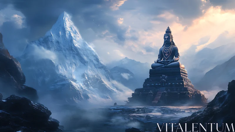 Colossal mountain deity statue in misty glacial valley.