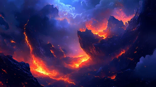 Molten Volcanic Caldera Eruption with Atmospheric Illumination