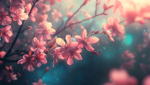 Pink Cherry Blossoms with Bokeh Depth of Field and Particle Effects