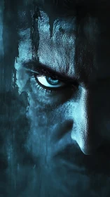 Blue-lit intense eye in shadowed cinematic close-up.