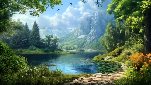 Mountain lake glows under clear sky and lush forest. Period.