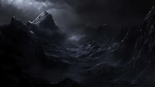 Dark rocky canyon under storm clouds and dim light.