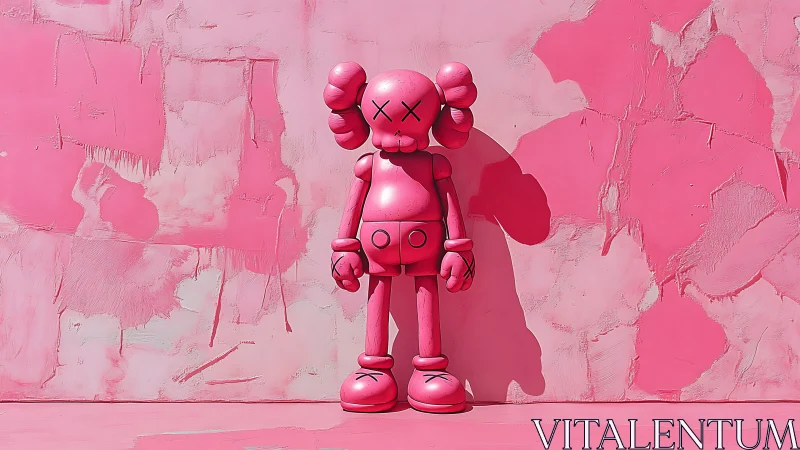 Monochrome vinyl figure against textured pink relief wall.
