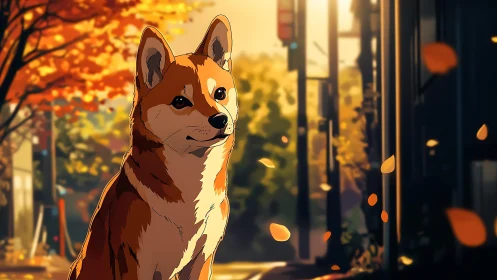 Dog sits in stylized autumn city street with falling leaves