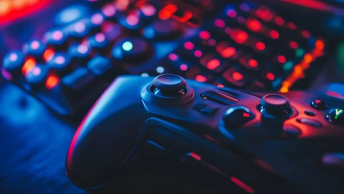Gaming controller closeup with colorful RGB keyboard.