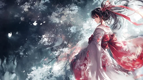 Anime woman in flowing red kimono amid drifting petals.