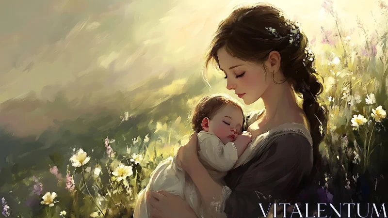 Mother Cradling Sleeping Infant in Wildflower Meadow.