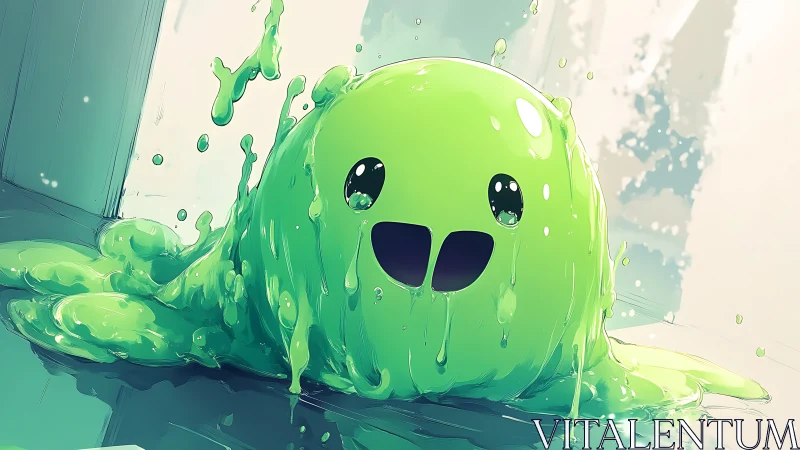Smiling neon slime blob drips across reflective floor