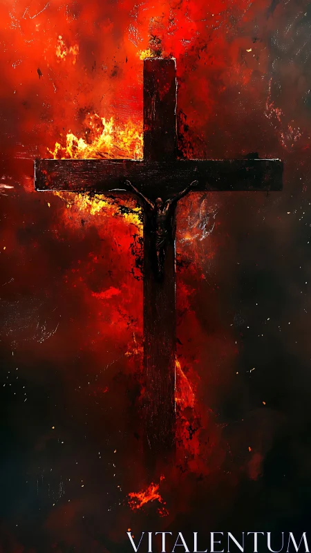 Crucifix engulfed in apocalyptic fire and scarlet storm.