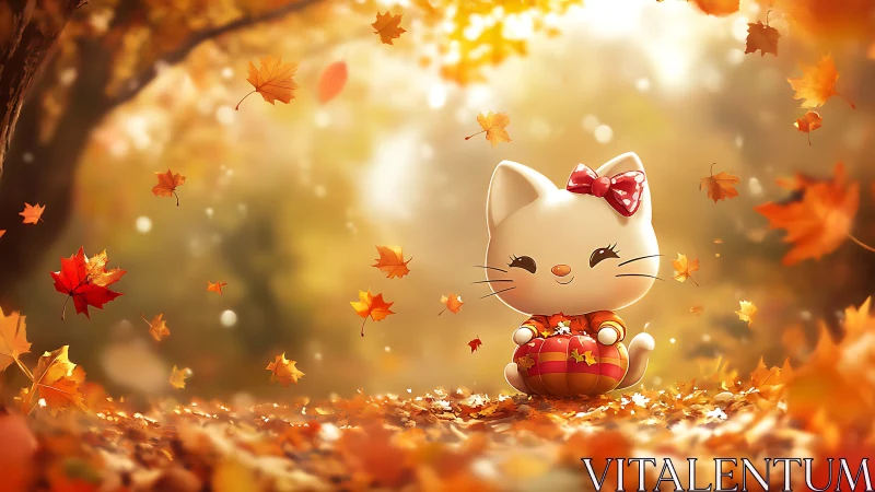 Autumn's Lucky Feline: Beckoning Joy Through Falling Leaves.