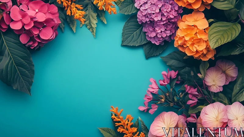 Jeweled Garden Dreams: Vibrant Blooms Frame Turquoise Canvas.