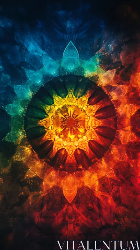 Radiant fractal mandala blooming in prismatic firelight.