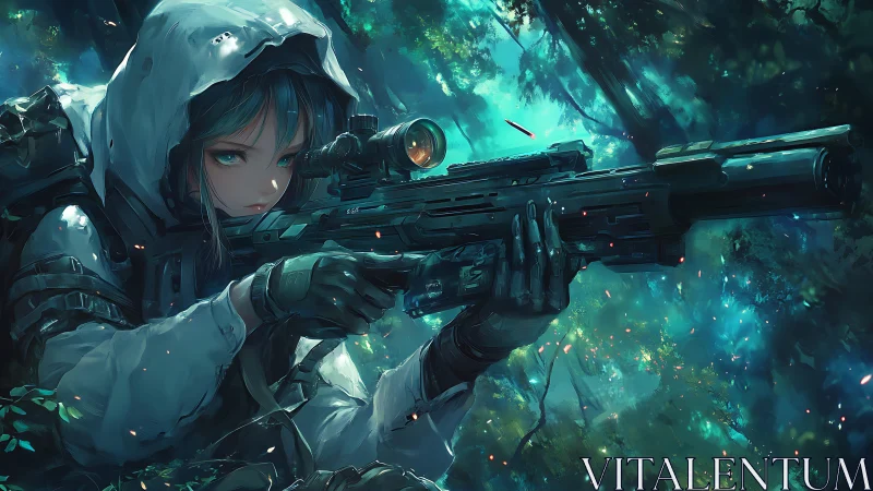 Hooded anime sniper steadies rifle in glowing forest