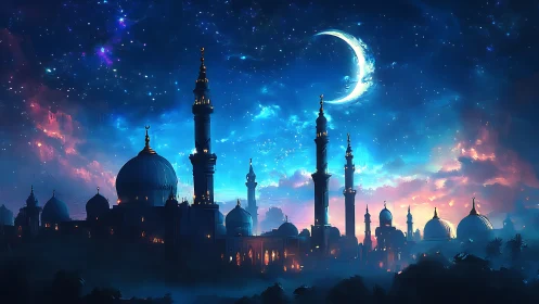 Silhouetted domed skyline stands under crescent moon at dusk