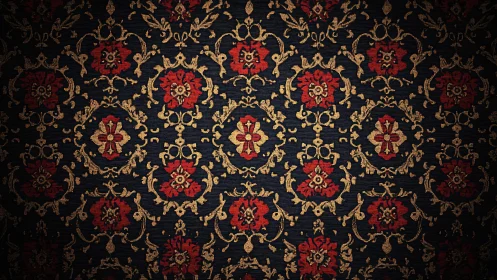 Ornate vintage floral damask pattern in deep red and gold tones.