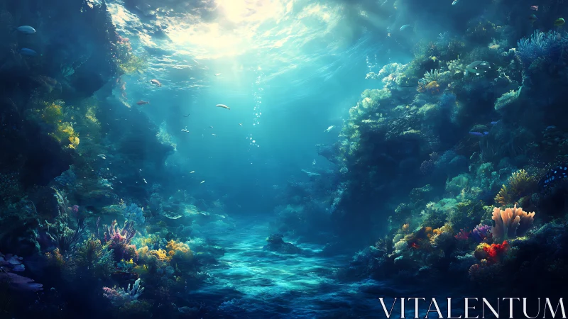 Sunlit coral canyon where quiet reef cities softly glow.