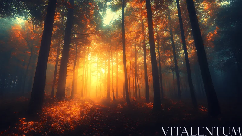 Golden Sunrise Breaks Through Ancient Forest Trees