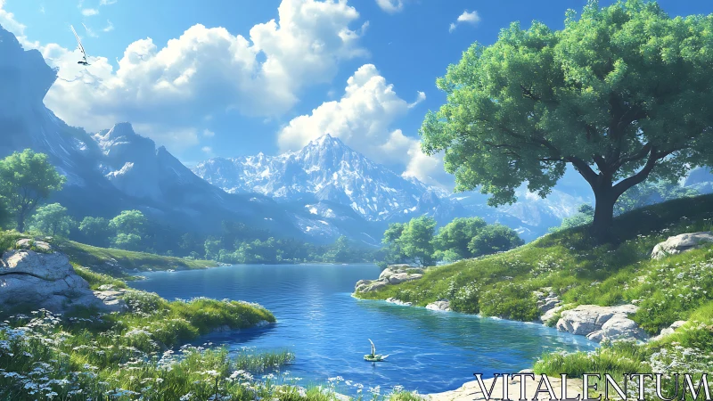 Peaceful mountain lake wrapped in bright summer greenery.