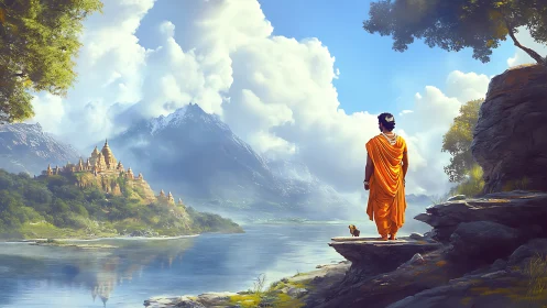 Monk in saffron robes overlooking river and distant temple.