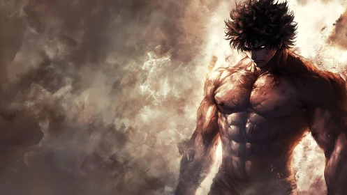 Muscular anime warrior emerging from swirling sepia smoke