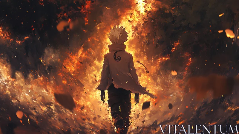 Lone anime hero strides through a blazing inferno of fire.