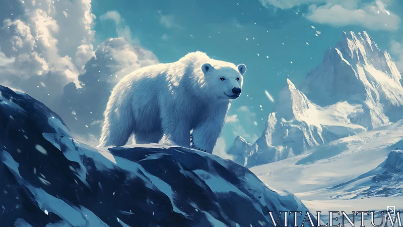 Polar bear on windswept glacial ridge under cyan arctic sky