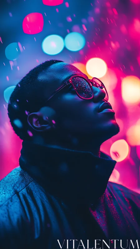 Cyberpunk portrait in neon bokeh with reflective raincoat profile.