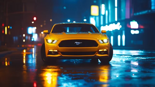 Yellow sports car stands centered on wet neon city street