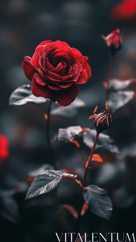Deep Red Rose Captured in Morning Dewdrops.